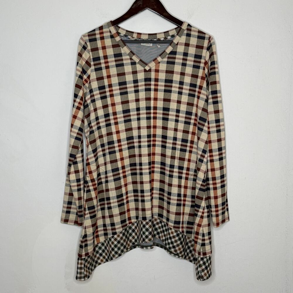 LOGO Lori Goldstein Plaid Sharkbite Tunic Top Large Boho V-Neck Asymmetrical - Picture 10 of 10